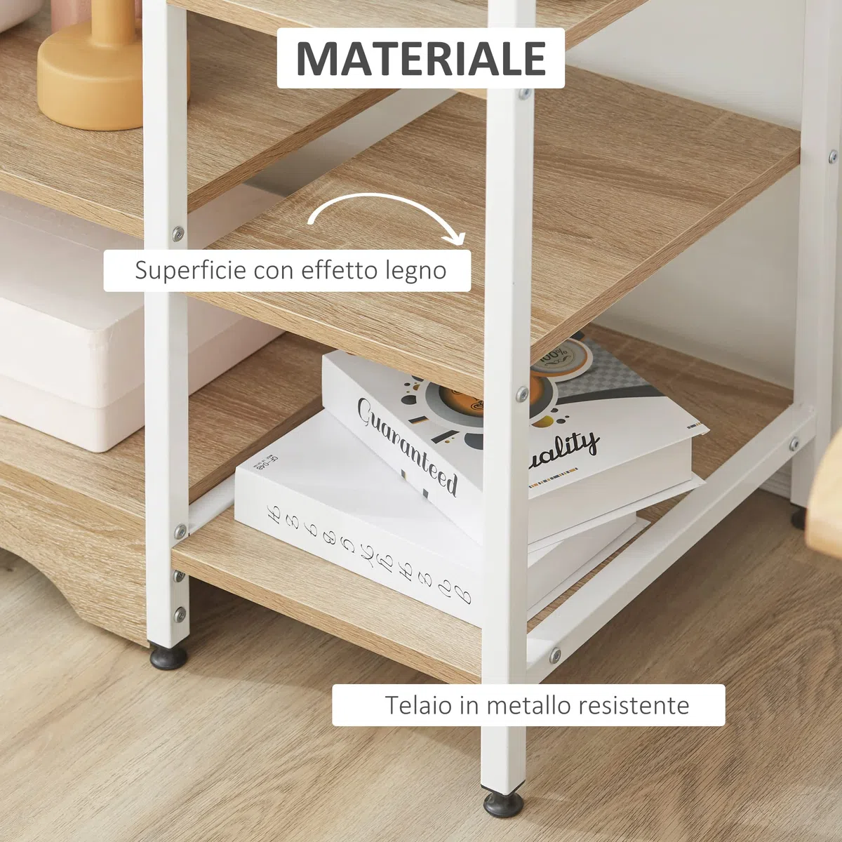 HOMCOM Scaffale da Cucina Basso Salvaspazio Stile Industriale, Mobiletto con 7 Ripiani per Cucina in Metallo e Legno, 90x40x95cm, Bianco