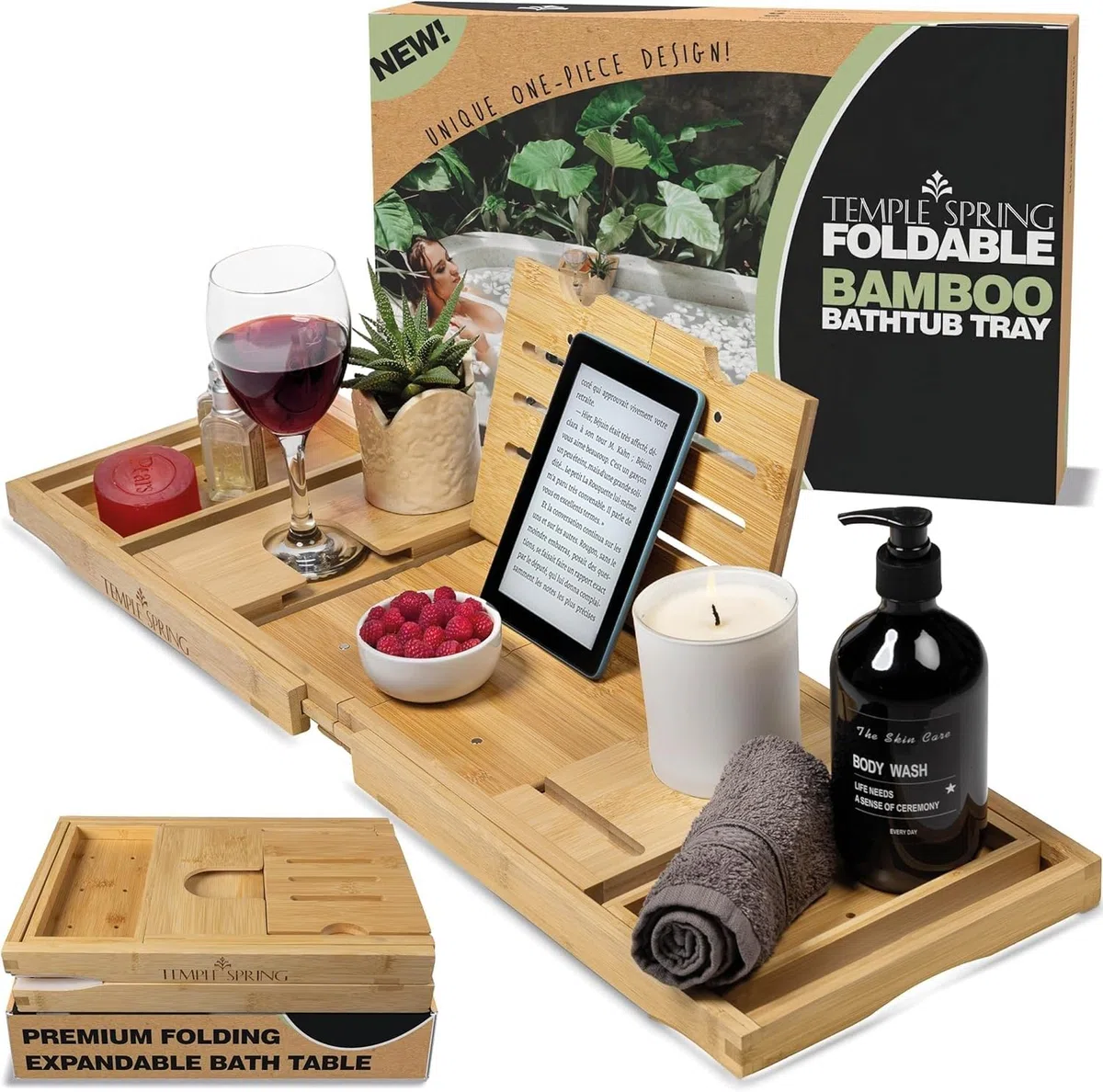 Temple Spring Vassoio da Bagno Pieghevole, Mensola in Legno Estensibile per Vasca, Tavola Spa per Adulti, Caddy da Vasca, Set Accessori Bagno in Bambù – Naturale