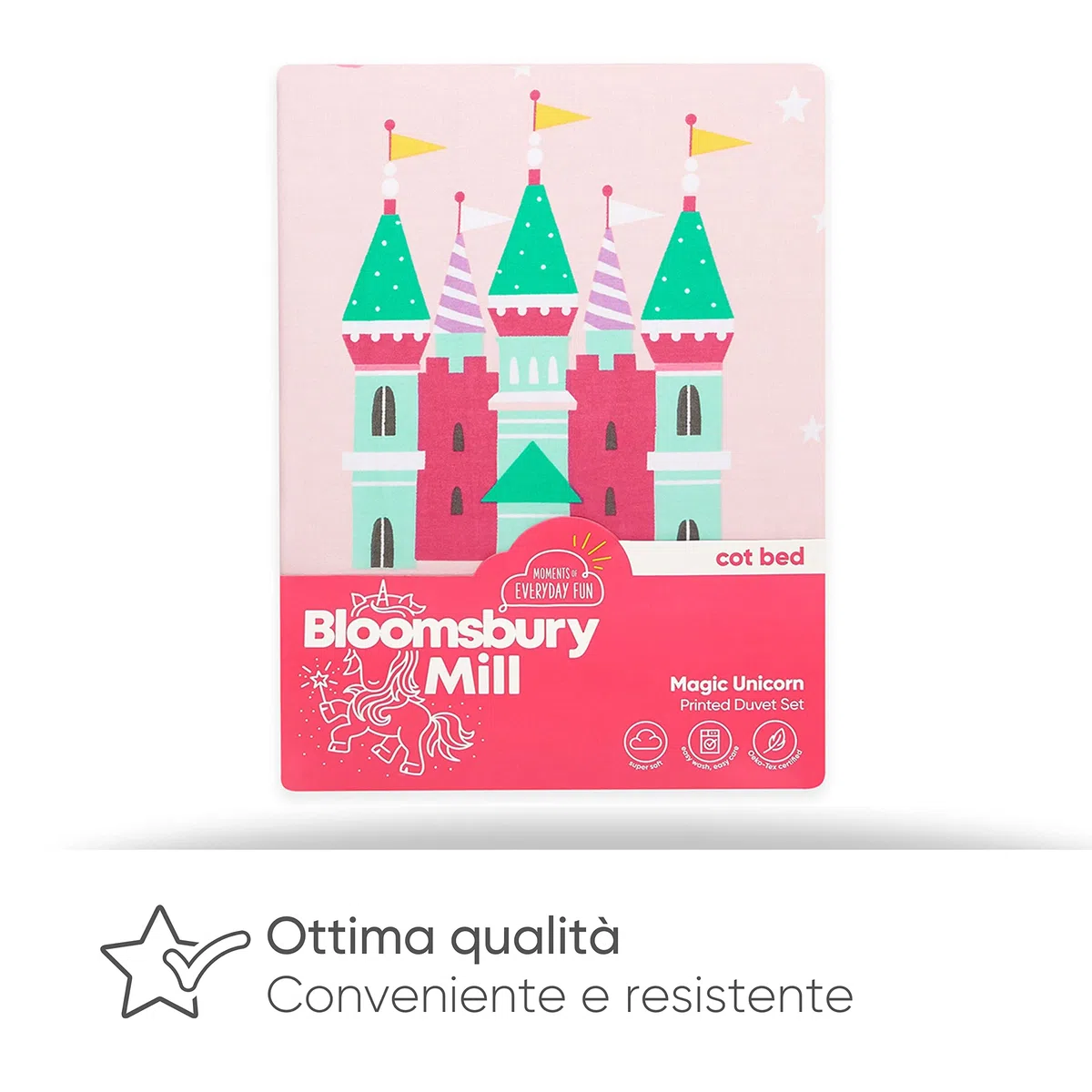 Bloomsbury Mill - Set biancheria da letto per bambini - Unicorno, Principessa e Arcobaleni - Set Copripiumino Lettino e federa per Ragazee - Lenzuola Culla per junior e bambino - Rosa -120 x 150 cm