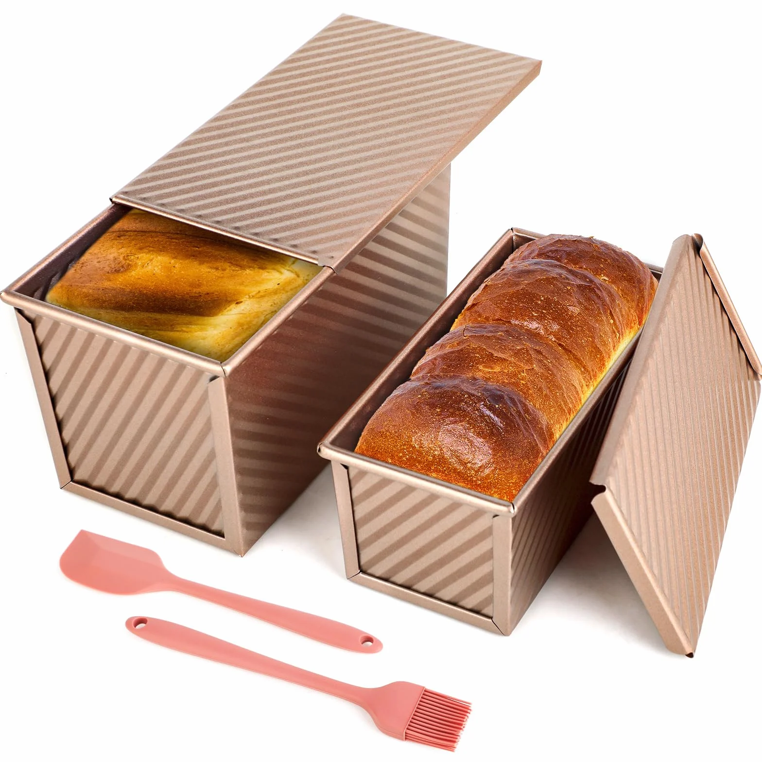 Set di 2 Stampi per Pane in Cassetta con Coperchio – Stampo Antiaderente per Pane, Torte e Dolci, Stampo Plumcake, Pratico per Uso Domestico, con 1 Spatola in Silicone e 1 Pennello in Silicone.