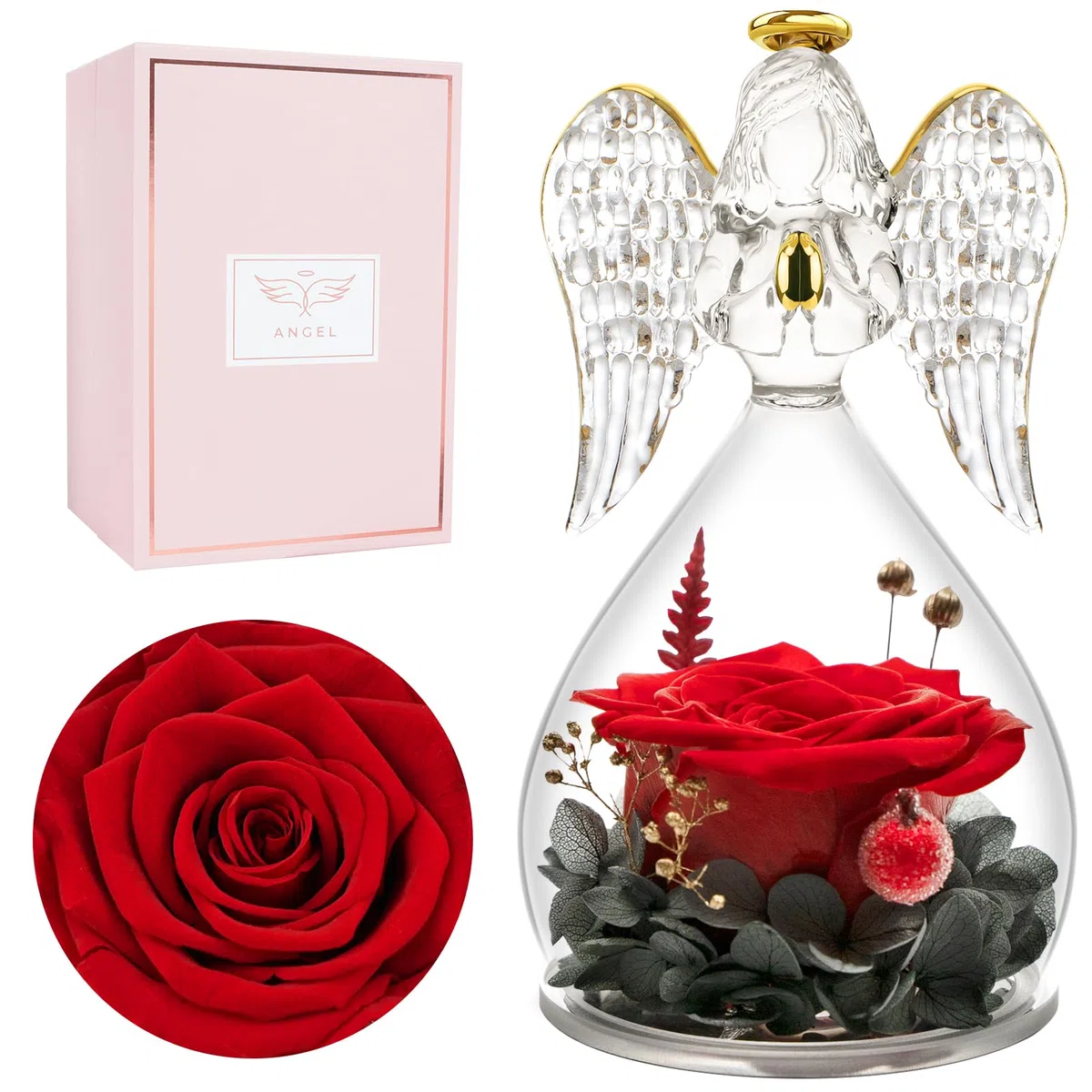 Miofula Regalo Festa Della Mamma,Rosa Stabilizzata Regalo Donna,Rosa Eterna Angeli Figurine Regalo Mamma Nonna,Fiori Stabilizzati Regali Festa della Mamma,Angelo Regali Donna Compleanno Anniversario