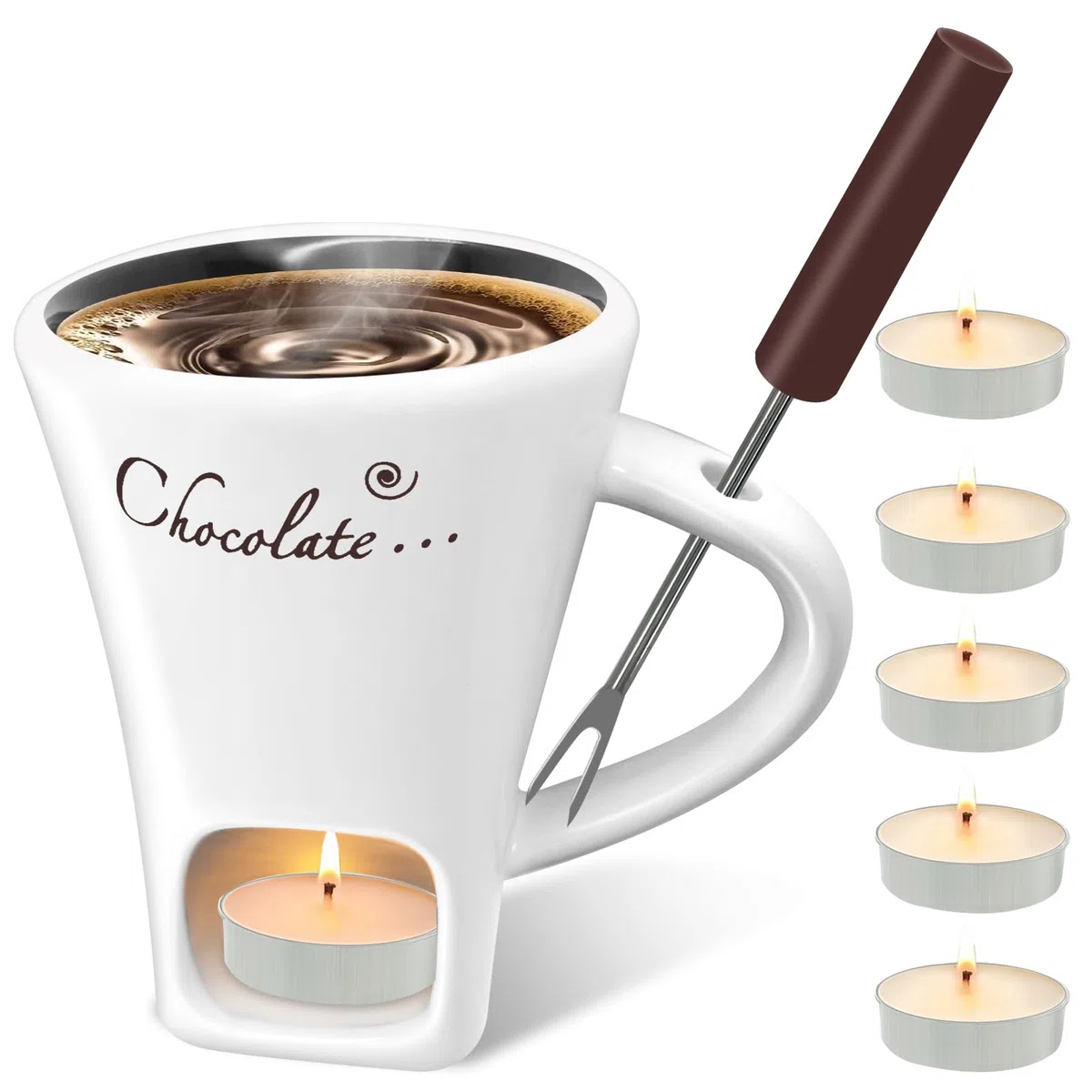 Dongcill - Set per fonduta di cioccolato in tazza, 200ml, Set di bicchieri per fonduta di cioccolato in ceramica, con forchetta e candela