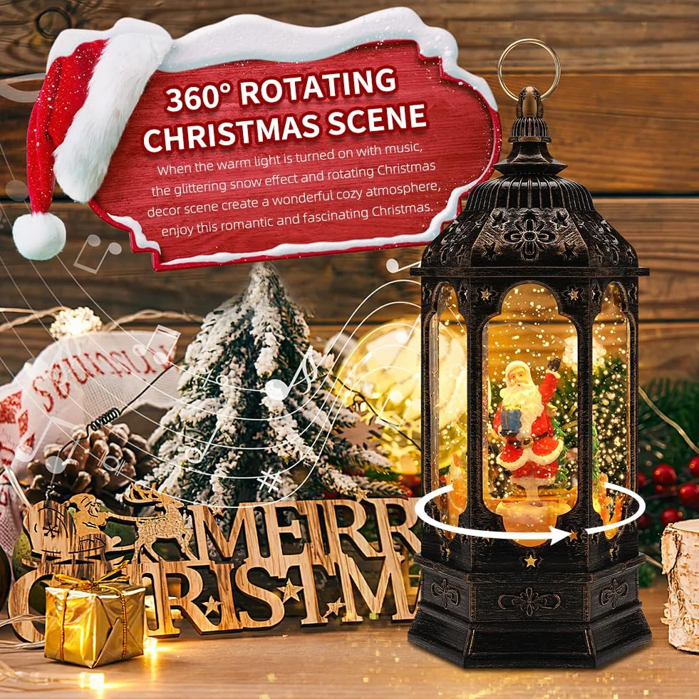 Christmas Lantern,LED Music Lantern with Christmas Snow Globe,Christmas Lantern Retro Christmas Decorations Home Decoration,USB Socket or Battery Powered...