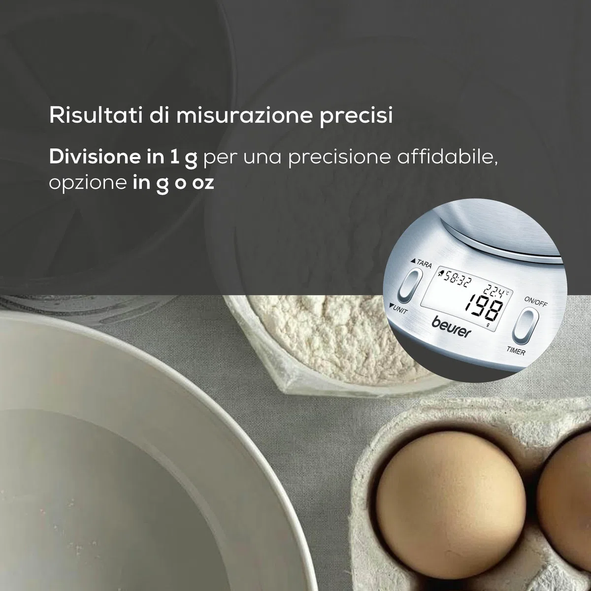 Beurer KS 54 Bilancia da Cucina, con Ciotola in Acciaio Inox Spazzolato Lavabile in Lavastoviglie, Timer Impostabile, Termometro ambientale integrato, Funzione Tara