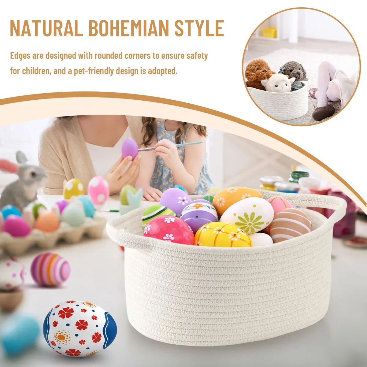 Weiß Cesta Intrecciata in Corda di Cotone con Manico, Cesto Regalo Vuoto, Pratico Cesto Contenitore per Giocattoli per Bambini, Organizzatore Decorativo per Camerette