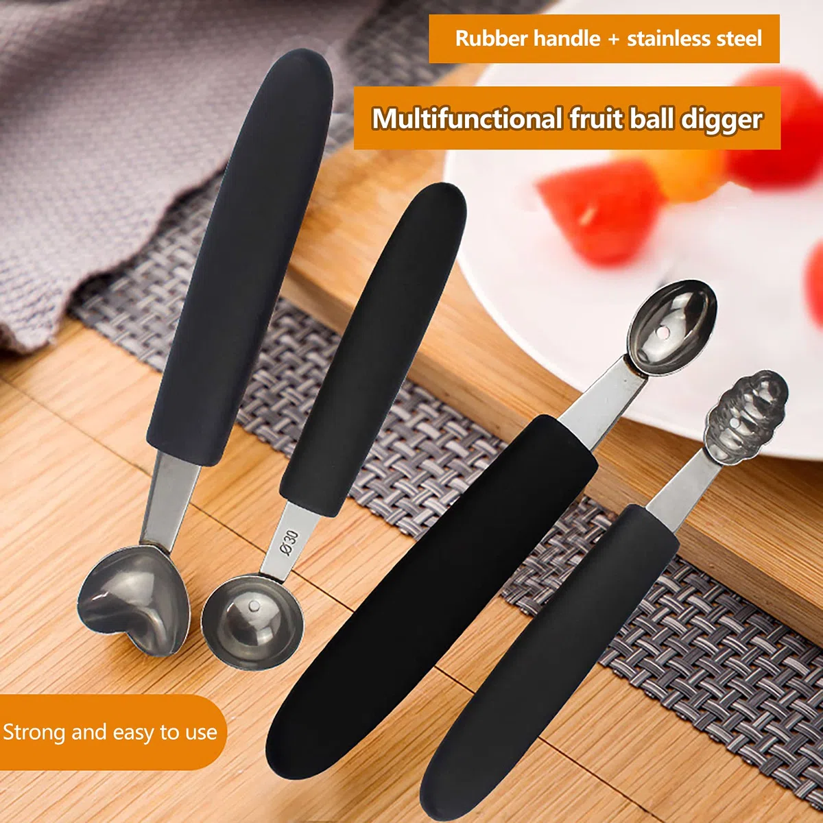 Set di 7 Palette per Scavino per Melone, Scavatrice per Scavino in Acciaio Inossidabile con Manico in Gomma Facile da Impugnare, Paletta per Gelato e Anguria, Gadget da Cucina per Tagliare la(Nero)