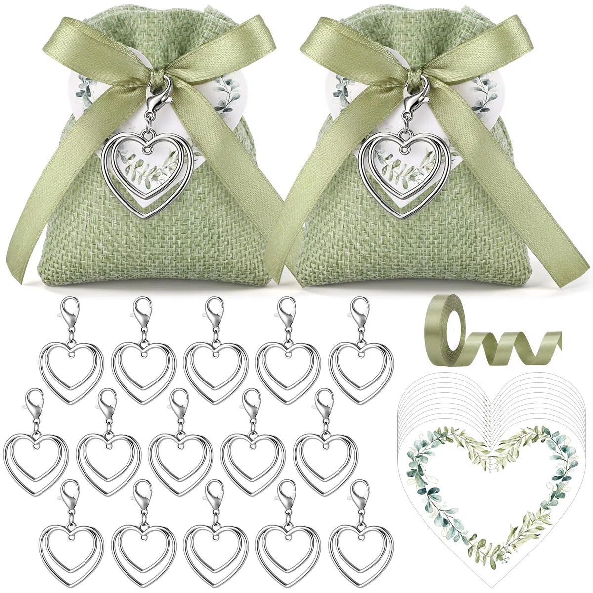 BBTO 36 Set Sacchetti per Confetti in Lino Sacchettini Bomboniere Matrimonio Comunione Cresima con Portachiavi Cuore e Bigliettino Nastri Sacchetti Regalo per Fidanzamento Battesimo Festa