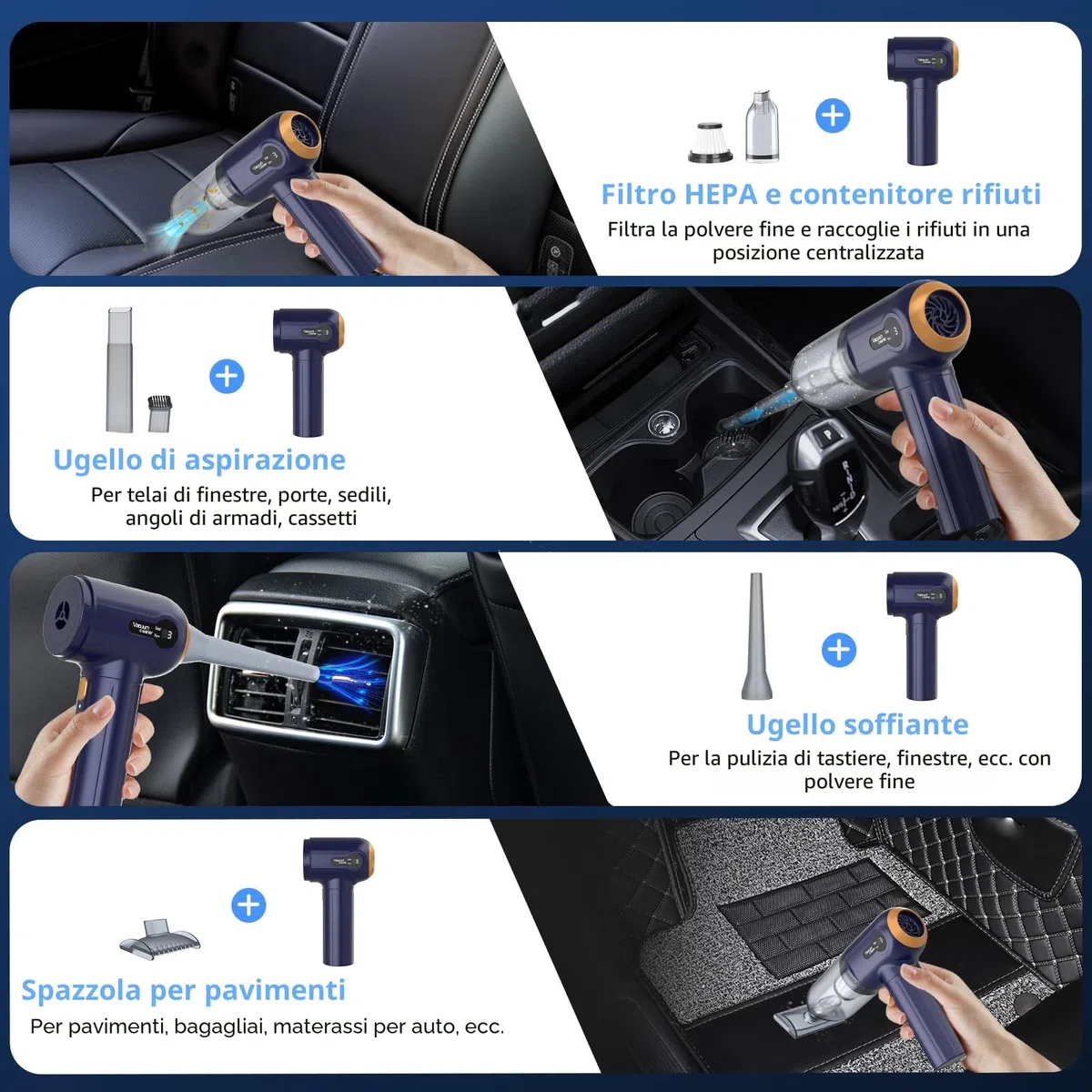 Tiazhan Aspirapolvere manuale, 15000 Pa, potente aspirapolvere a mano, 4 in 1, leggero soffiatore di polvere e aspirapolvere, display a LED, mini aspirapolvere ricaricabile USB, per auto (Blu)