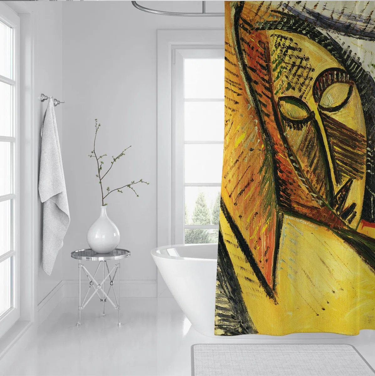 Picasso Set di tende da doccia da bagno Set di tende da bagno di design impermeabile con 12 ganci tende da vasca astratte Qualità dell'hotel Giallo W280xL200cm