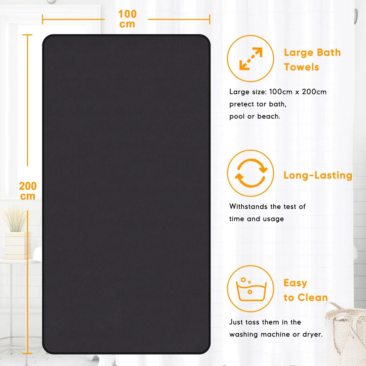 Asciugamano da Bagno grandi 100x200 cm – Extra Large Telo Bagno in Microfibra Cotone Filato ad Anello – Extra Morbido e Assorbente – Ideali per Bagno, Palestra, Ospiti, Viaggio (Nero)