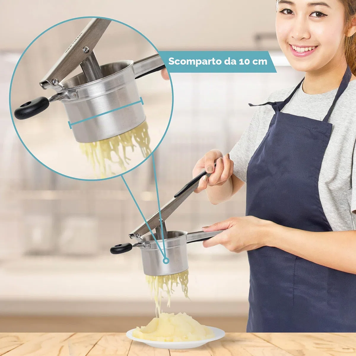 HEFTMAN Schiacciapatate - Schiacciapatate Acciaio Inox con Manici Ergonomici in Silicone, Schiaccia Verdure Manuale, Sciacciapatate per Alimenti per Bambini Frutta Verdura (Lavabile in Lavastoviglie)