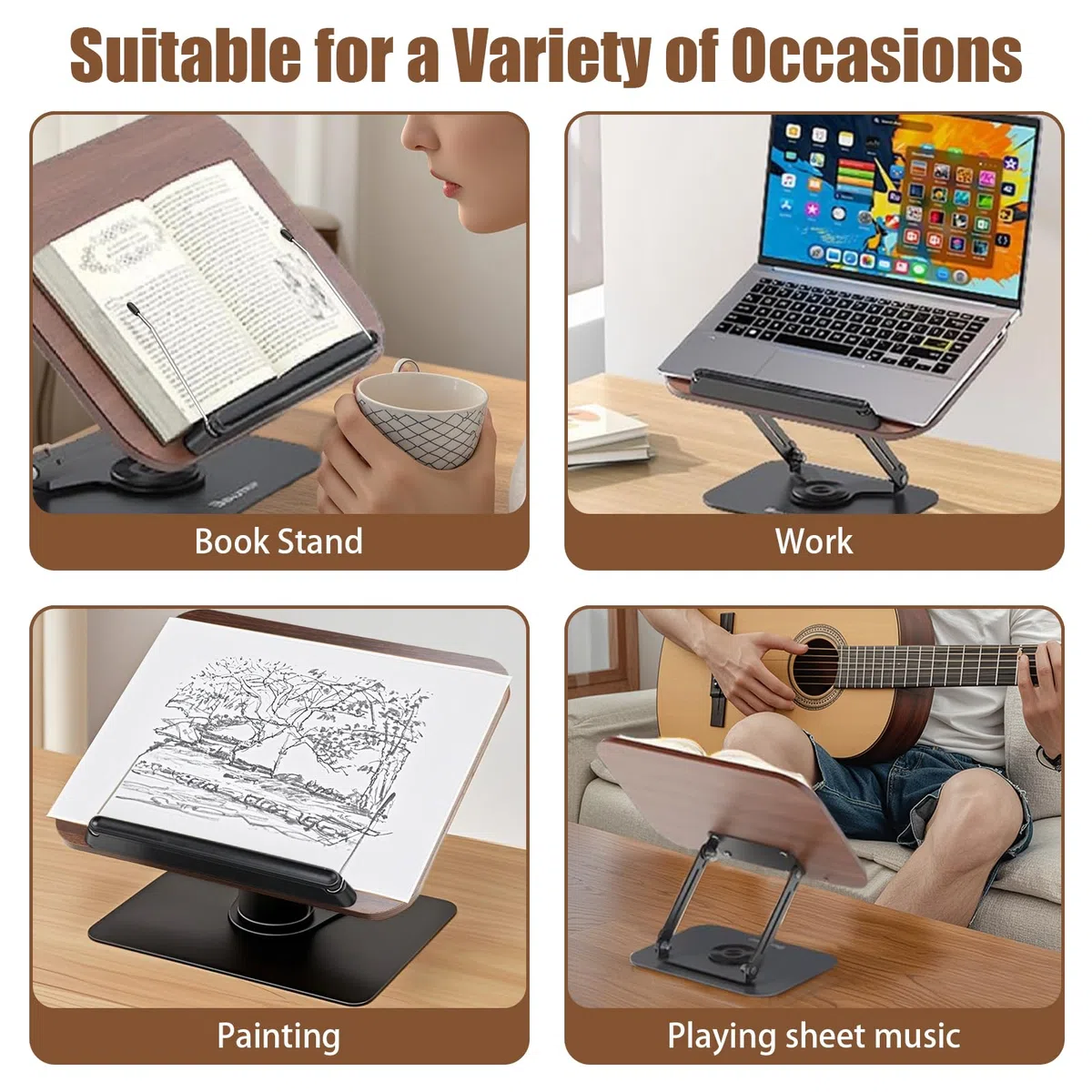 Porta Libri regolabile con pannello base girevole in legno e graffette Leggio da lettura Porta Libri resistente e porta Libri portatile per libri, cuochi, Ricette, iPad, Tablet, Spartito