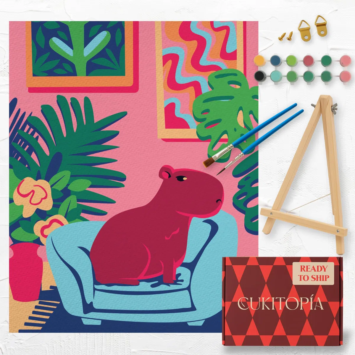 CUKITOPÍA Quadri da dipingere con numeri adulti. Kit completo: tela con cornice, pittura, cavalletto e pennelli. Rilassante. Ideale per artigianato adulto e regalo creativo. (Capybara)