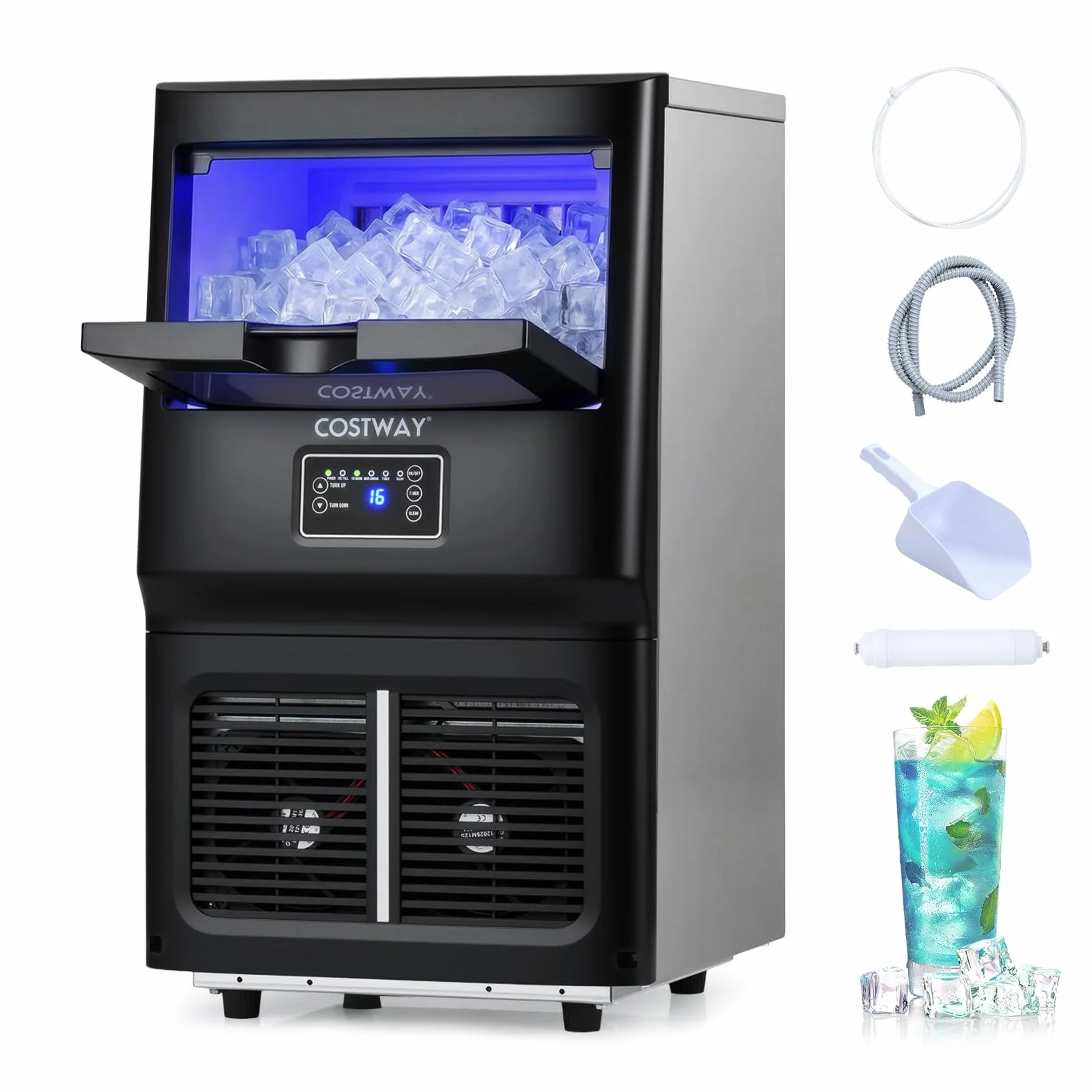 COSTWAY Macchina per Ghiaccio Commerciale, 25-30 kg/24H, Produttore di Ghiaccio in Acciaio Inox con Autopulizia, Filtro dell’Acqua, per Bar Ristorante e Caffetteria
