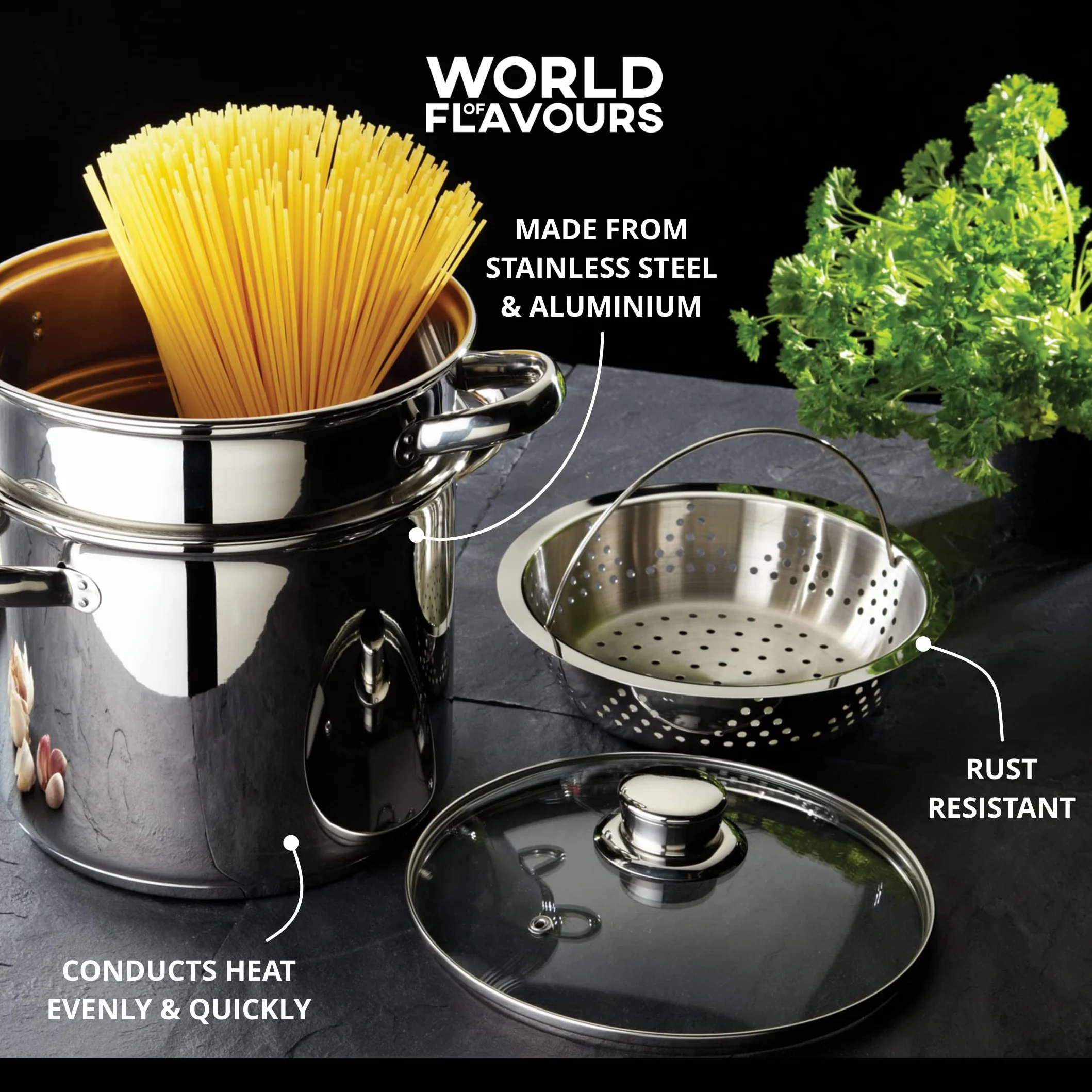 Kitchen Craft Italian Collection Pentola per pasta in acciaio INOX con inserto per cottura al vapore, 20 cm
