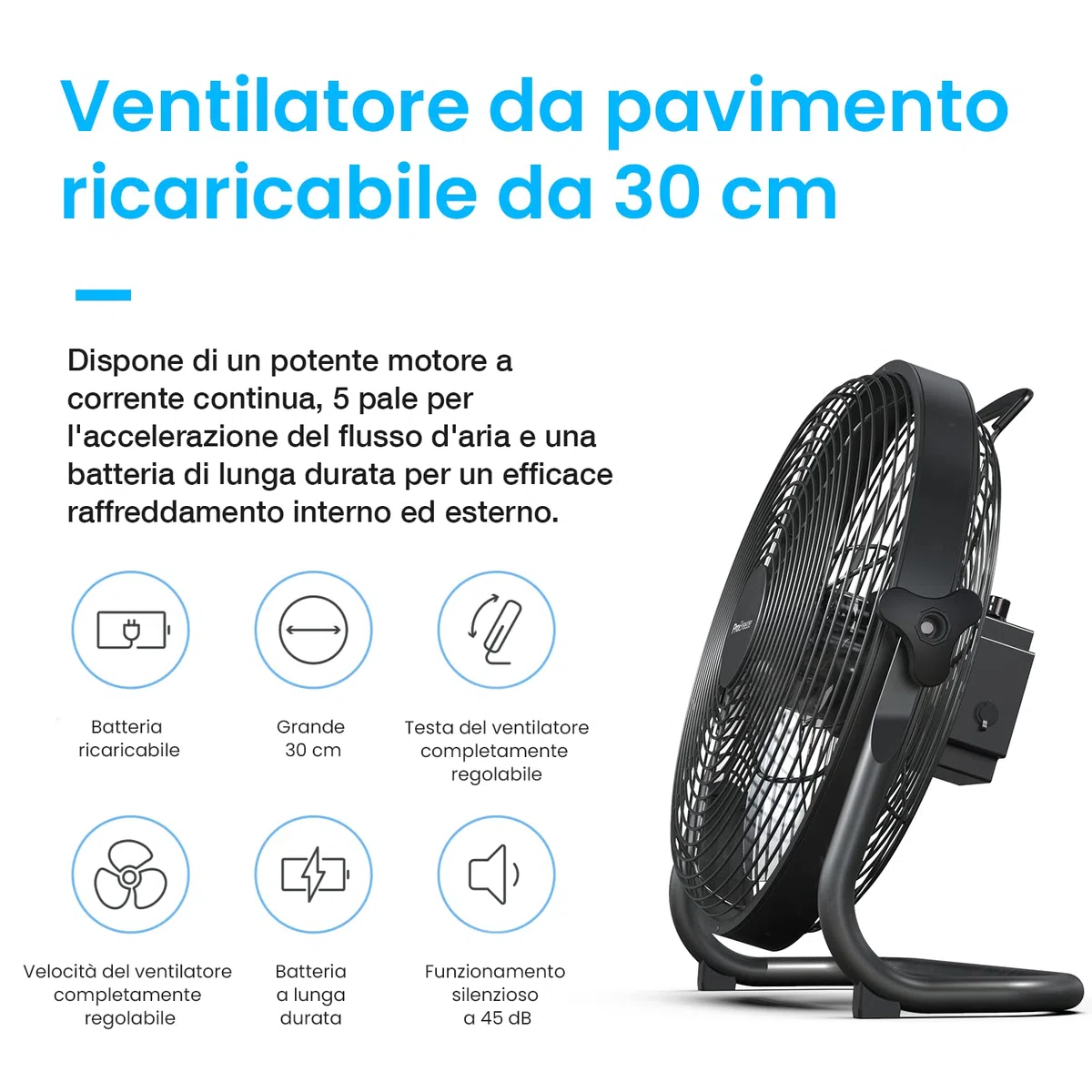 Pro Breeze Ventilatore da Pavimento Ricaricabile 30cm- Durata batteria 4,5-24 ore, Testata regolabile, Porta USB per dispositivi di ricarica, Ventilatore silenzioso leggero e portatile