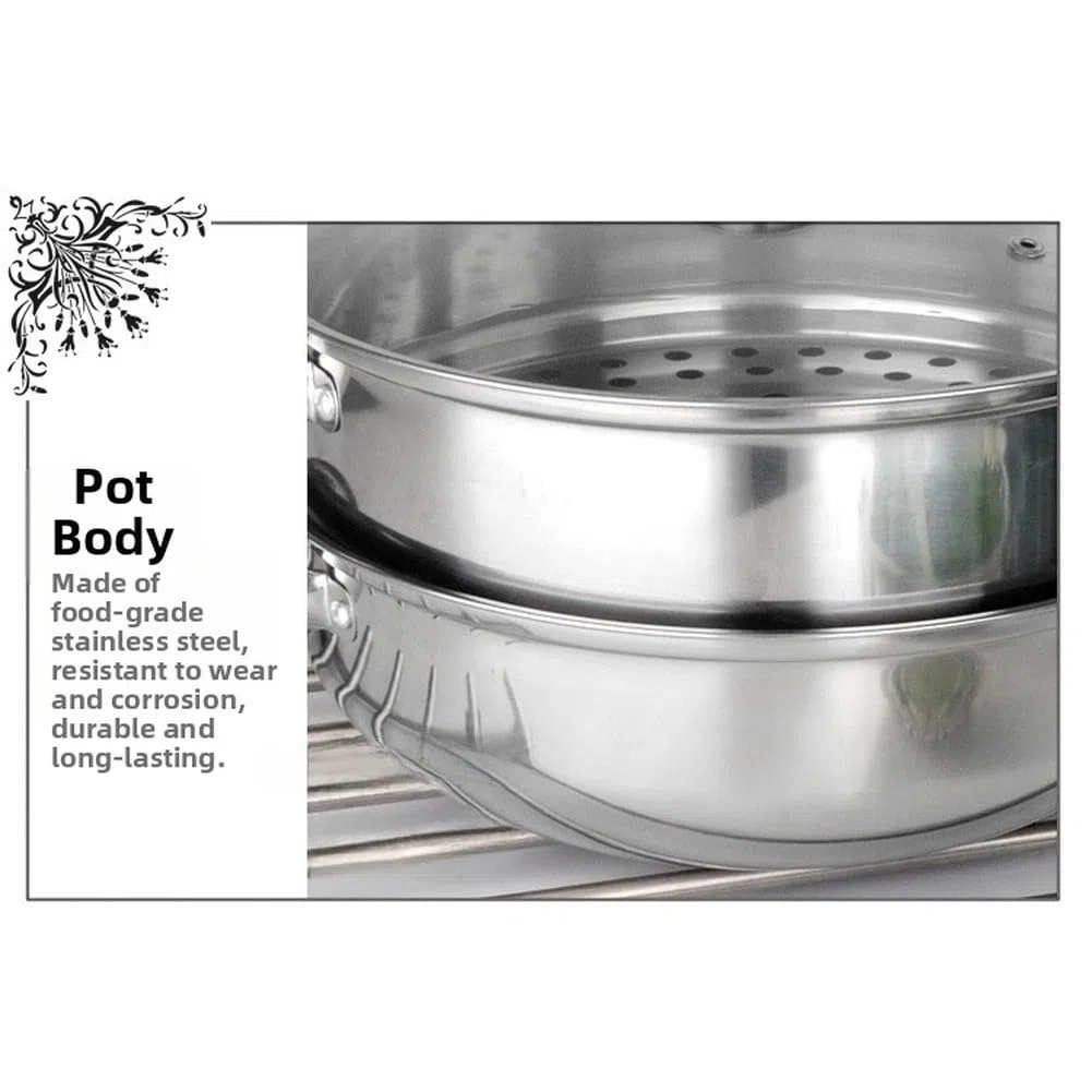 FUBESK - Pentola a vapore a doppio strato in acciaio inox con coperchio in vetro, 28 cm, per zuppe e cucina multiuso, compatibile con fornelli a gas, a induzione e alogeni