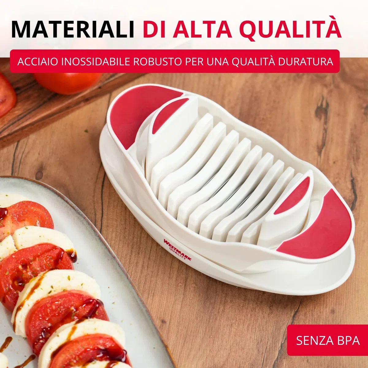 Westmark Affetta-pomodori e mozzarella con piattino e lame seghettate, Acciaio inox/Plastica, Bianco/Rosso, 11572260