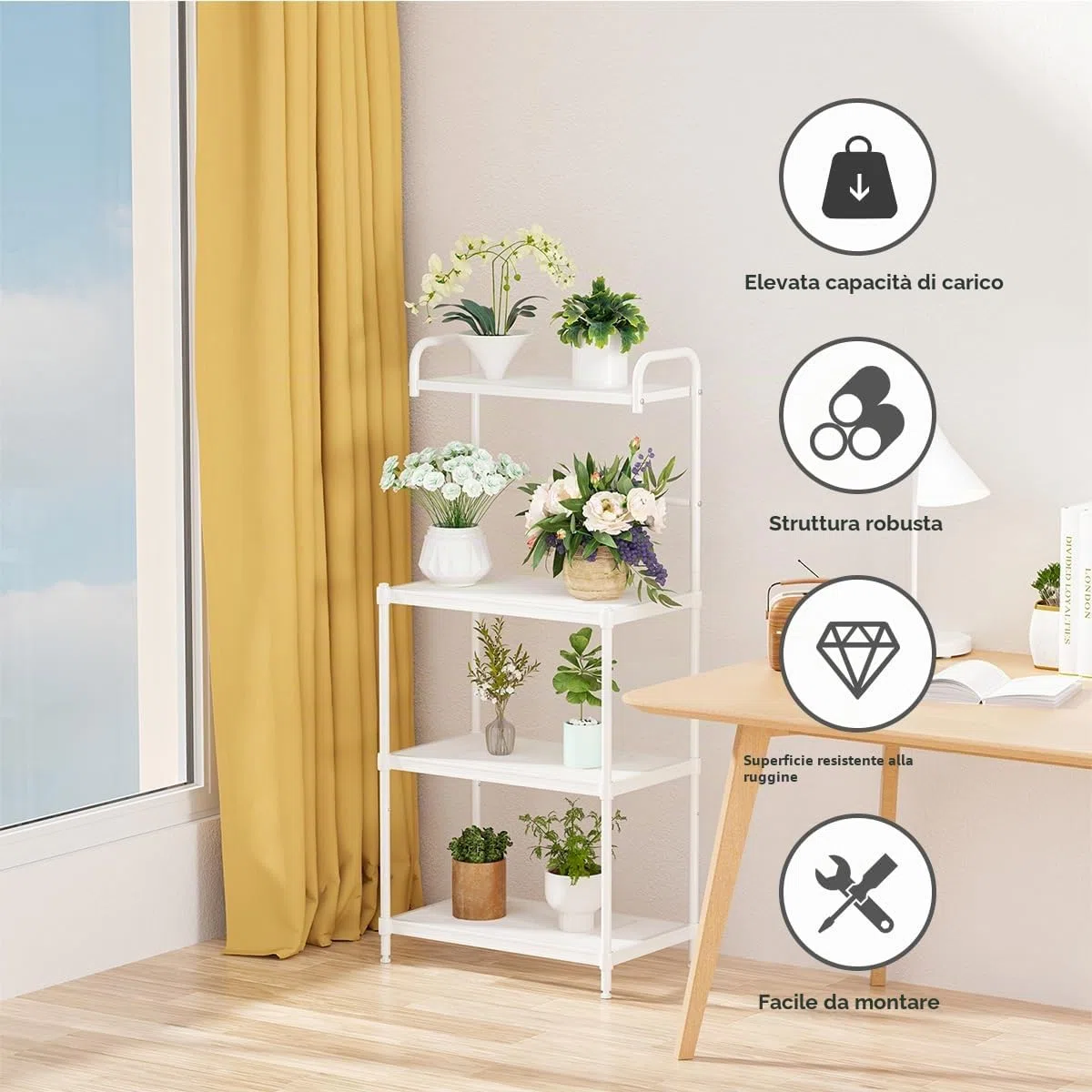 KOMFOTTEU Mensola da Cucina a 4 Livelli in Metallo, con 4 Piedini Antiscivolo, 60 x 34,5 x 136 cm, Supporto per Forno a Microonde, Scaffale Multifunzionale per Cucina e Sala da Pranzo (Bianco)
