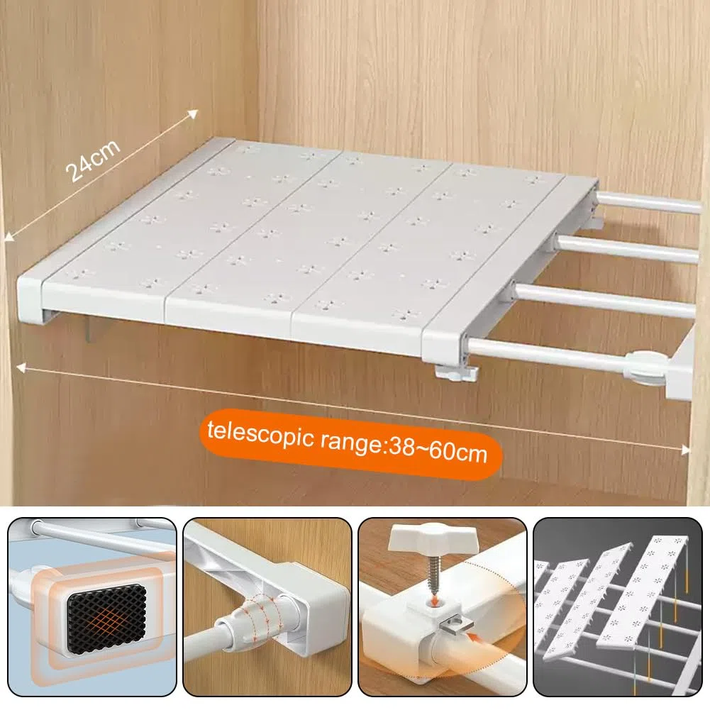 RANJIMA Mensole regolabili per armadio, mensole per armadi, 24 cm di larghezza, ripiano espandibile, armadietto, cucina, bagno, senza foratura, lunghezza regolabile 38-60 cm