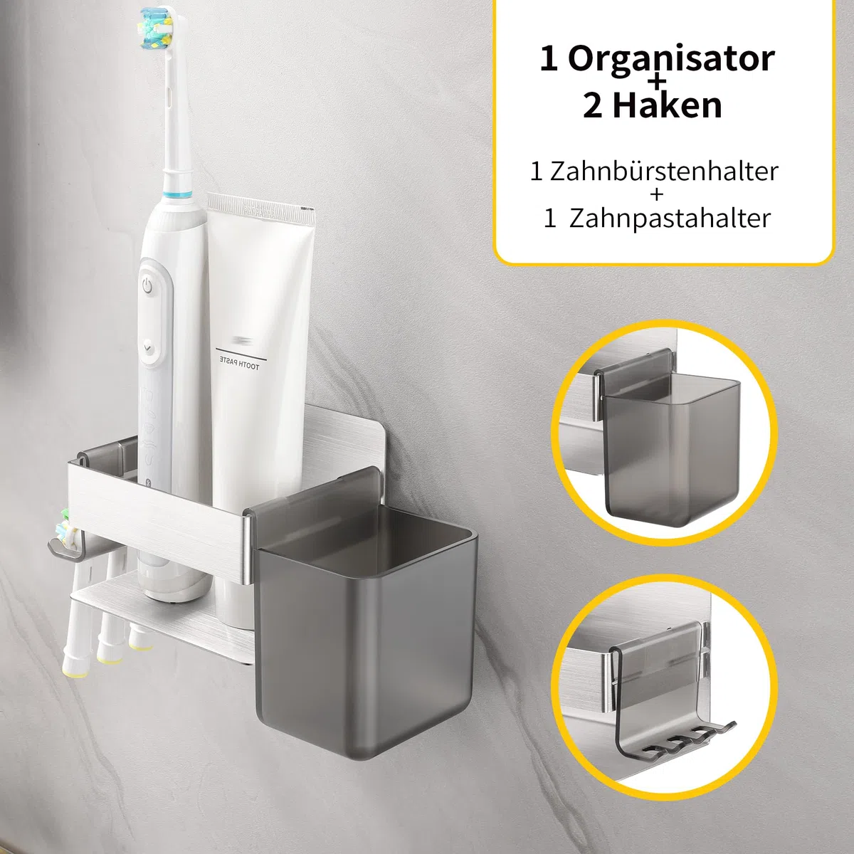 ALOCEO Porta Spazzolino per Spazzolini Elettrici da Parete Set Custodia, Porta Testine Spazzolino Elettrico con 2 Ganci, Organizzare il Spazzolino Caricabatterie e Dentifricio, Argento