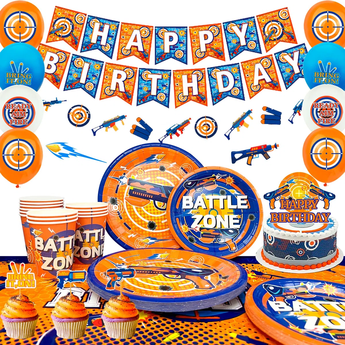 Dart Tema Decorazioni, 100pcs Compleanno & Stoviglie per Feste Compleanno Freccette, Piatto Forniture Bicchieri Striscione Palloncini etc Forniture per Feste a Tema Guerra Freccette