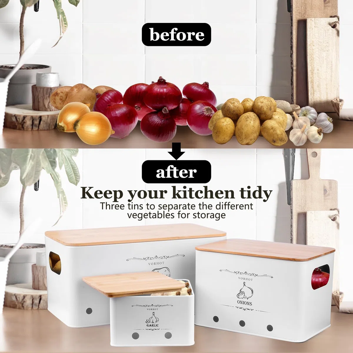 Porta Patate Cipolle Aglio, Set di 3 Contenitore Patate e Cipolle e Aglio, Porta Cucina con con Coperchio in Bambù e Fori di Ventilazione, Bianco