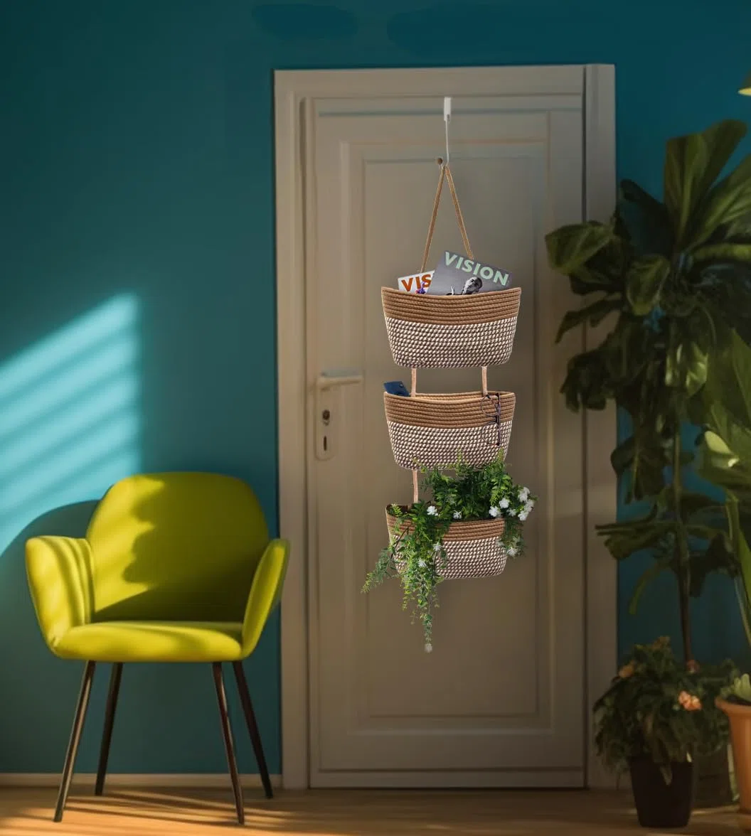 ililmmoeCesto appeso dietro la porta, cestino a 3 strati, corda di cotone, montato a parete， cestino da cucina decorativo, organizer per appendere il bagno, incluso1gancio (Strisce Di Lino)