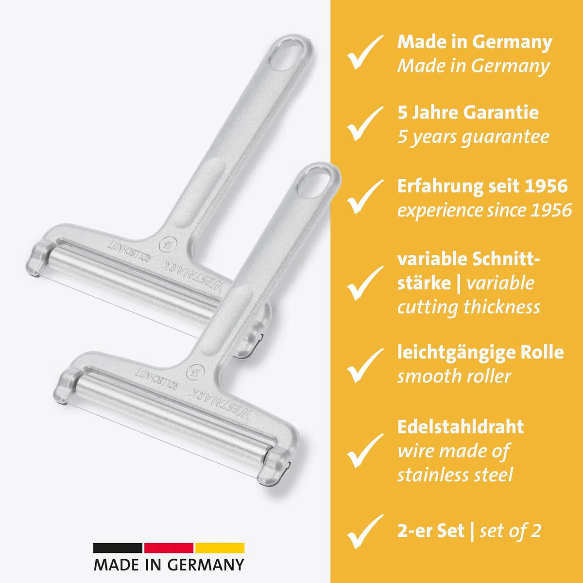 Westmark 2 Affetta-formaggio con Rullo e Filo Tagliente, Spessore Regolabile, Acciaio Inox/Alluminio, Rollschnitt, Argento, 710022E3