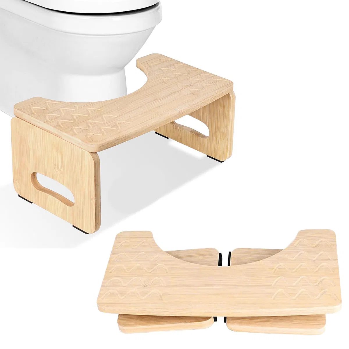 Sgabello da Toilette in Bambù, 40x21x18cm Sgabello Da Toilette in legno, Portata 100 kg, Sgabello da Toilette Pieghevole, Pedana WC a Forma di C con Cuscinetti Antiscivolo, Per Regolare la Postura