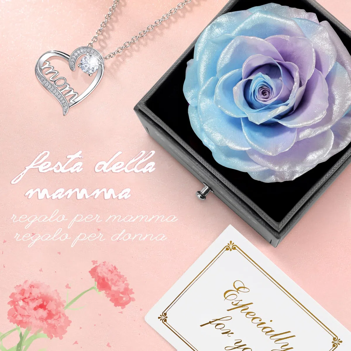 Miofula Festa della Mamma Idee Regalo,Rosa Stabilizzata Vera Regalo Mamma Compleanno,Rosa Eterna con Collana Argento 925 Donna, Migliore Mamma del Mondo, Regali Festa della Mamma, Regalo Collana Donna