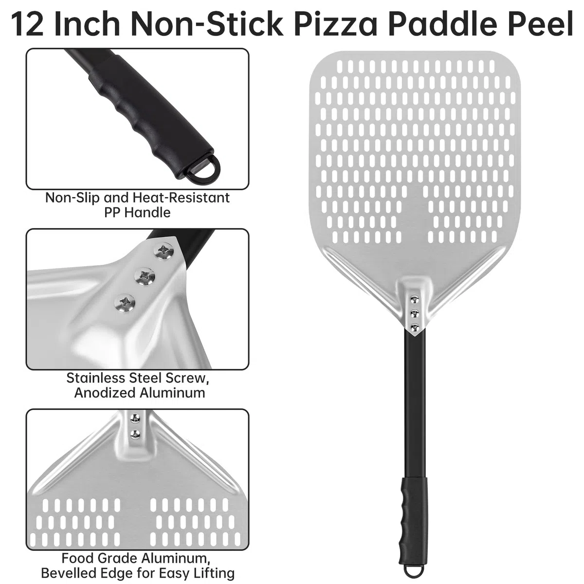 Pala per Pizza Forata, 12 Pollici Pala per Pizza Professionale, Pala per Pizza in Alluminio Anodizzato Duro con Manico Smontabile per Pizzas, Pane, Crostate Fatta in Casa