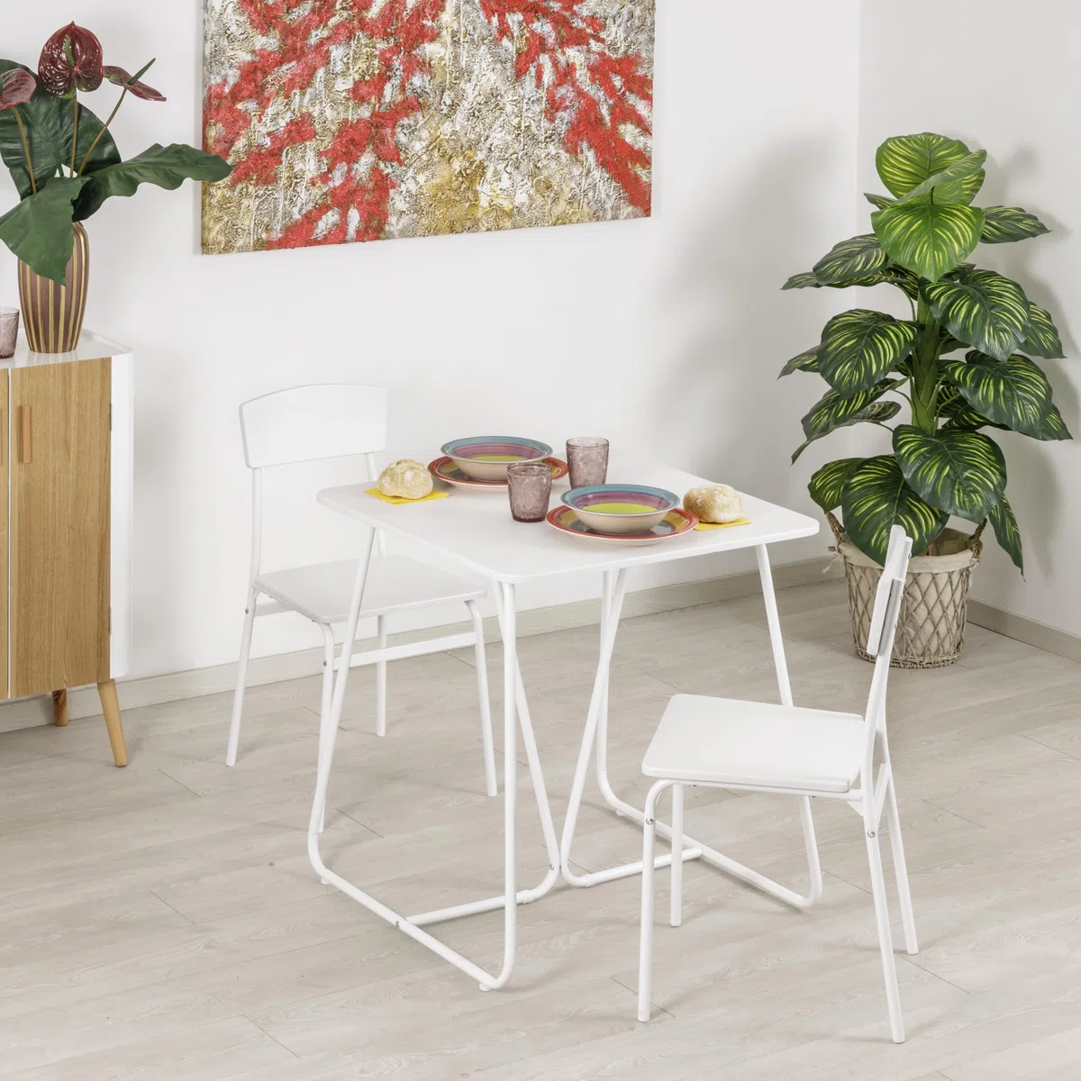 Baroni Home Set Tavolo Quadrato da Pranzo con 2 Sedie, Design Moderno, Leggero, per Interni ed Esterni, Sala da Pranzo, Ristorante, In MDF e Acciaio, Montaggio Facile, Bianco