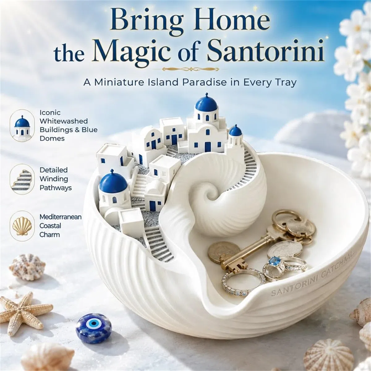 Ciotola portaoggetti di Santorini, organizer per chiavi dell'isola greca stampata in 3D, ciotola conchiglia da costruzione a cupola blu, vassoio decorativo in stile architettonico (1pc)