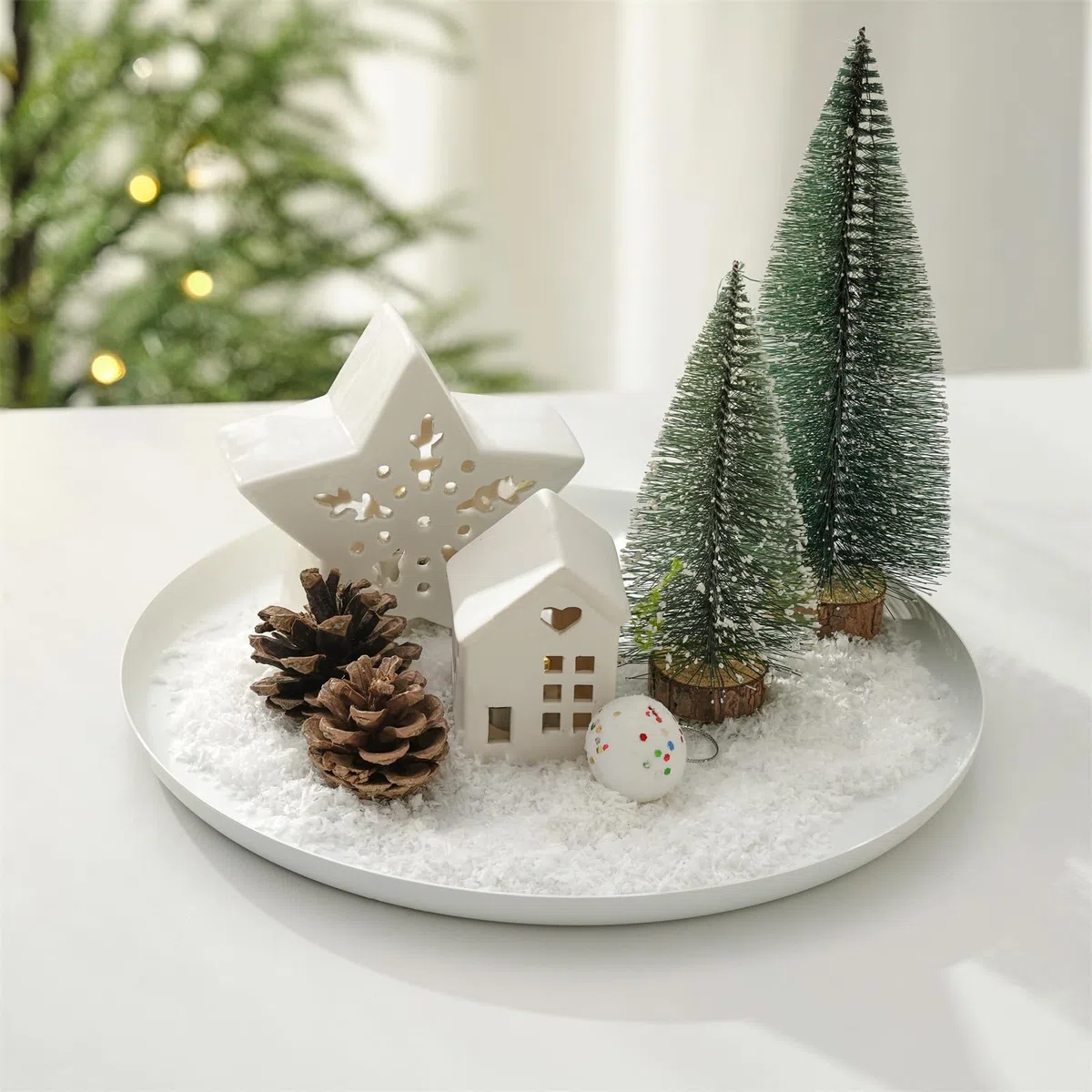 Sziqiqi Portacandele Vassoio Decorativo in Metallo: Piatto per Candele Rotondo per Centrotavola - Portacandele a Colonna Bianco Vassoio da Portata Moderno per Soggiorno Cena Cucina Bancone Bagno