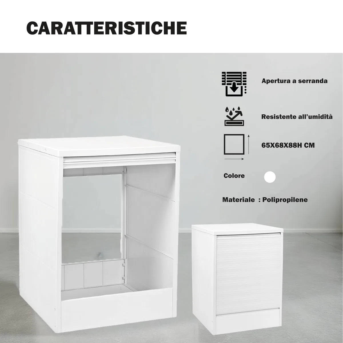 Mobile Coprilavatrice Bianco - Apertura a Serranda, Struttura Polipropilene, Frontale, Lavanderia, Garage, per Interno, Esterno, Montaggio senza Viti, Piano d'appoggio - 65X68X88H CM