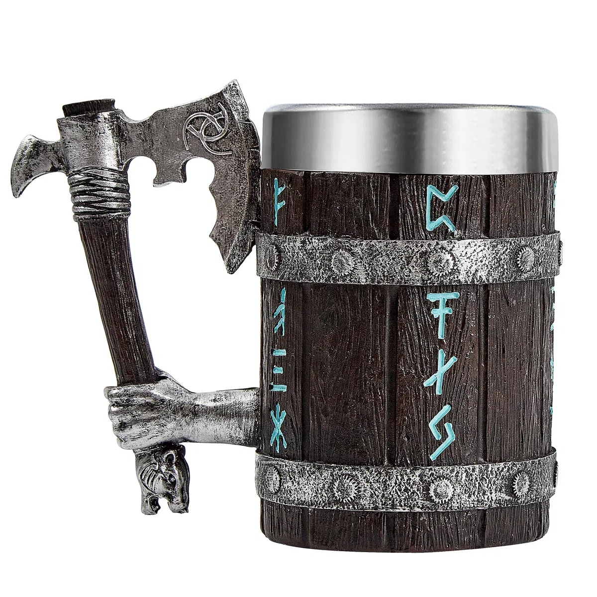 OTARTUDE Tazza vichinga con manico a ascia, boccale da birra in legno di rovere nordico, vichingo nordico in acciaio inox, 550 ml, regalo vichingo per uomo, festa del papà