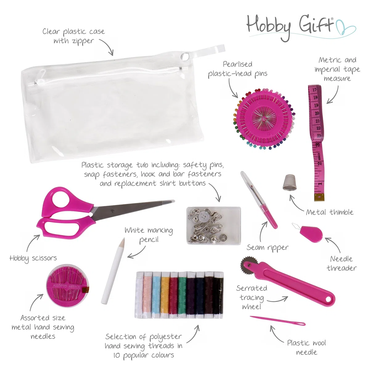 Hobby Gift Scatola Media per Cucito Kit con Manico - Cestino Porta Cucito in Cotone con Scomparti per Strumenti e Accessori Creativi - 18,5 x 25,5 x 14,5 cm, Fatto in Casa