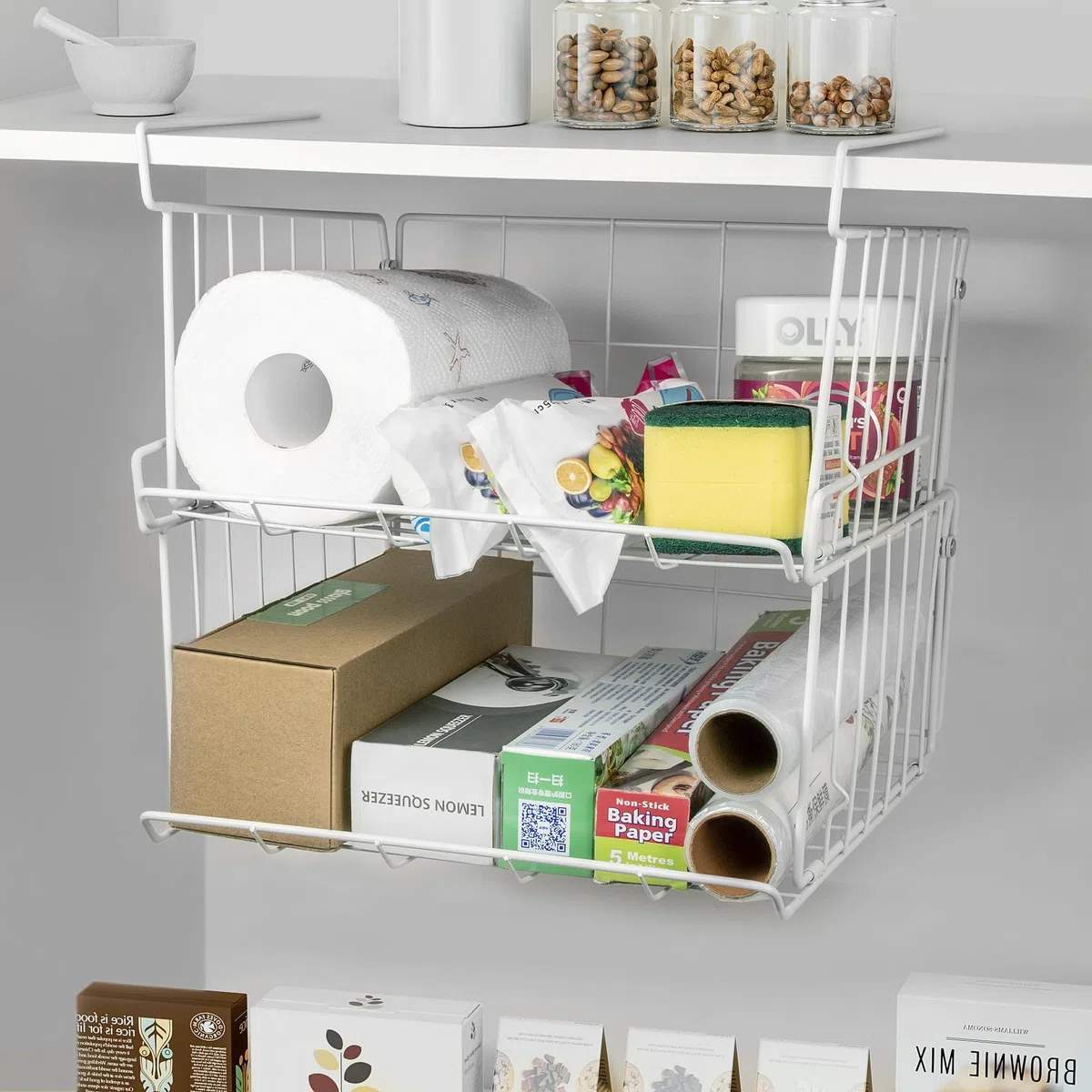 QIWODE Cesto portaoggetti sotto il ripiano impilabili, Cestini da appendere sotto lo scaffale per la cucina, la dispensa, l'armadio, la libreria, la scrivania, bianco (confezione da 2)
