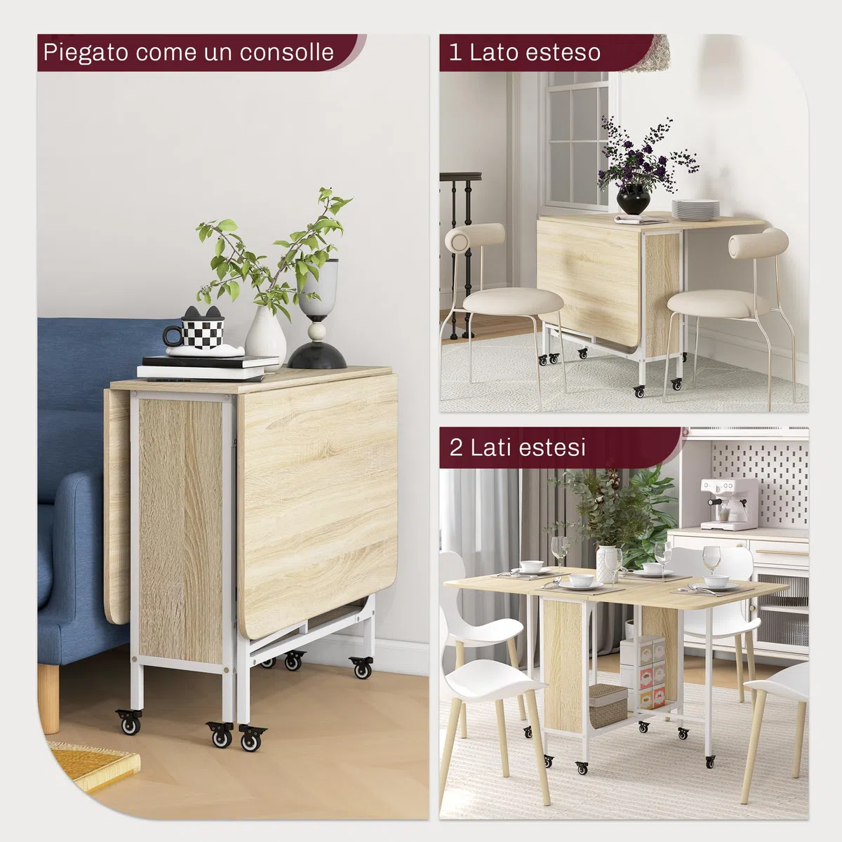 HOMCOM Tavolo da Pranzo Pieghevole, Tavolo a Ribalta per 4-6 Persone, Tavolo da Cucina Salvaspazio Moderno con Ripiano e 6 Ruote, in Metallo, 130x80x74 cm, Color Legno