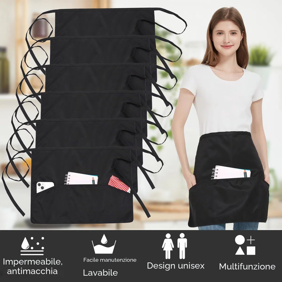 6 Pezzi Grembiuli, Mezzo Grembiuli da Cucina con 3 Tasche, Impermeabile Chef Grembiule per Uomini Donne, Grembiule Corto Cameriera Cameriere, Grembiule per Bistrot, Bar, Ristorante