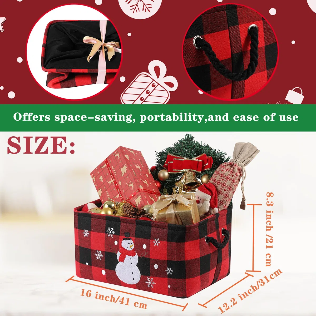 Cesto Portaoggetti Natalizio, Cestos di Natale Grande Scatola di Stoccaggio con Motivo Scozzese Classico, Pieghevole cose di Natale per la Casa Cestino con manico, Stile Rustico Organizer Cesta Regalo
