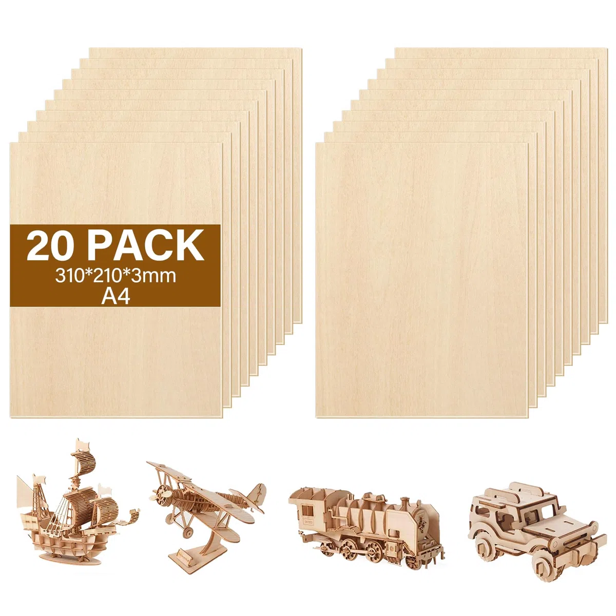 Zikenis 20 pezzi A4 compensato di tiglio,300 x 210 x3.5 mm compensato multistrato,compensato di tiglio laser da 3 mm,pannelli di legno per artigianato,per artigianato, taglio del legno,modellismo