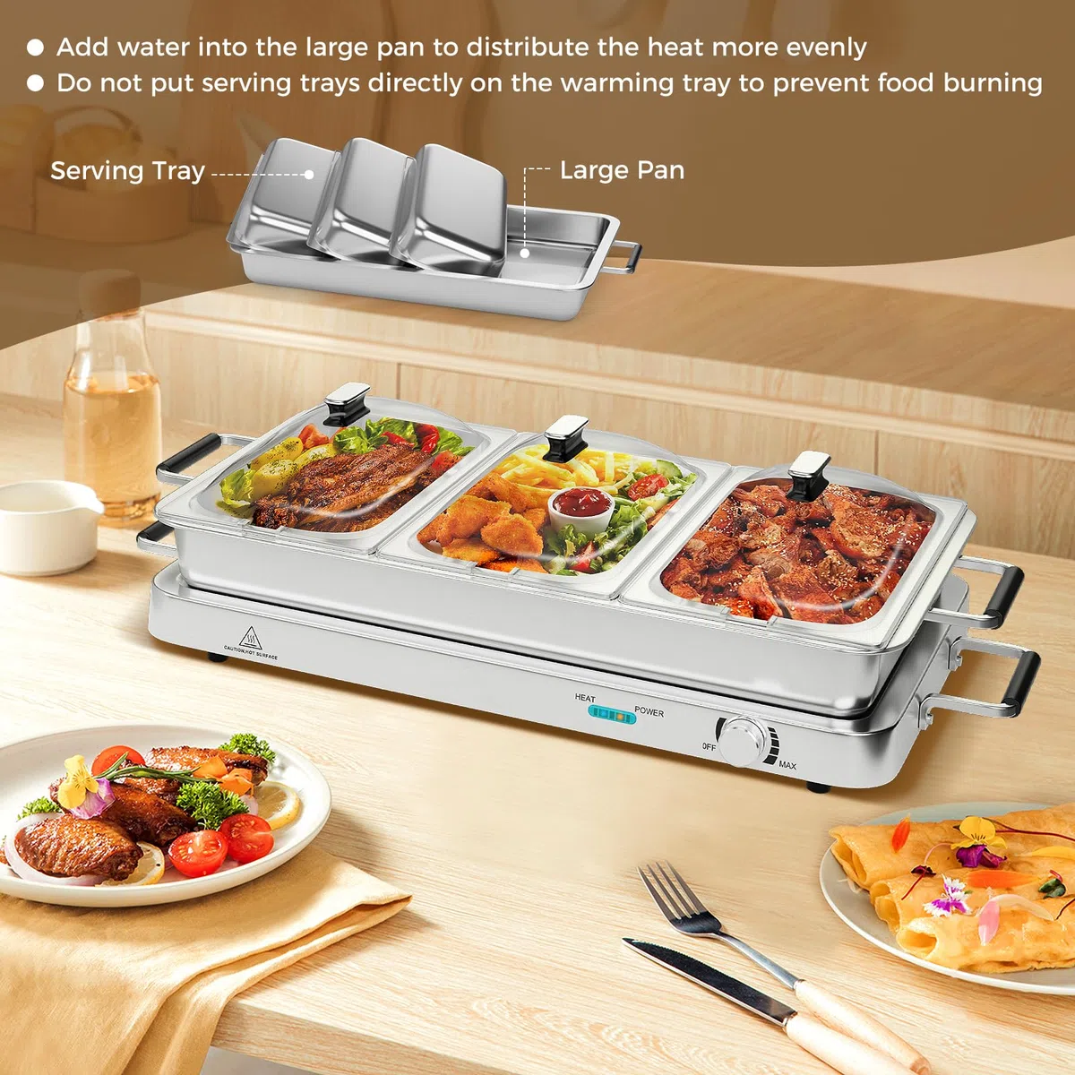 SOARS Scaldavivande Elettrico per Buffet 9L 450 W, Vassoio Scalda Vivande in Acciaio Inox con 3 Contenitori & Coperchi, Borsa, Temperatura 50-150℃, per Feste, Matrimoni, Ristoranti