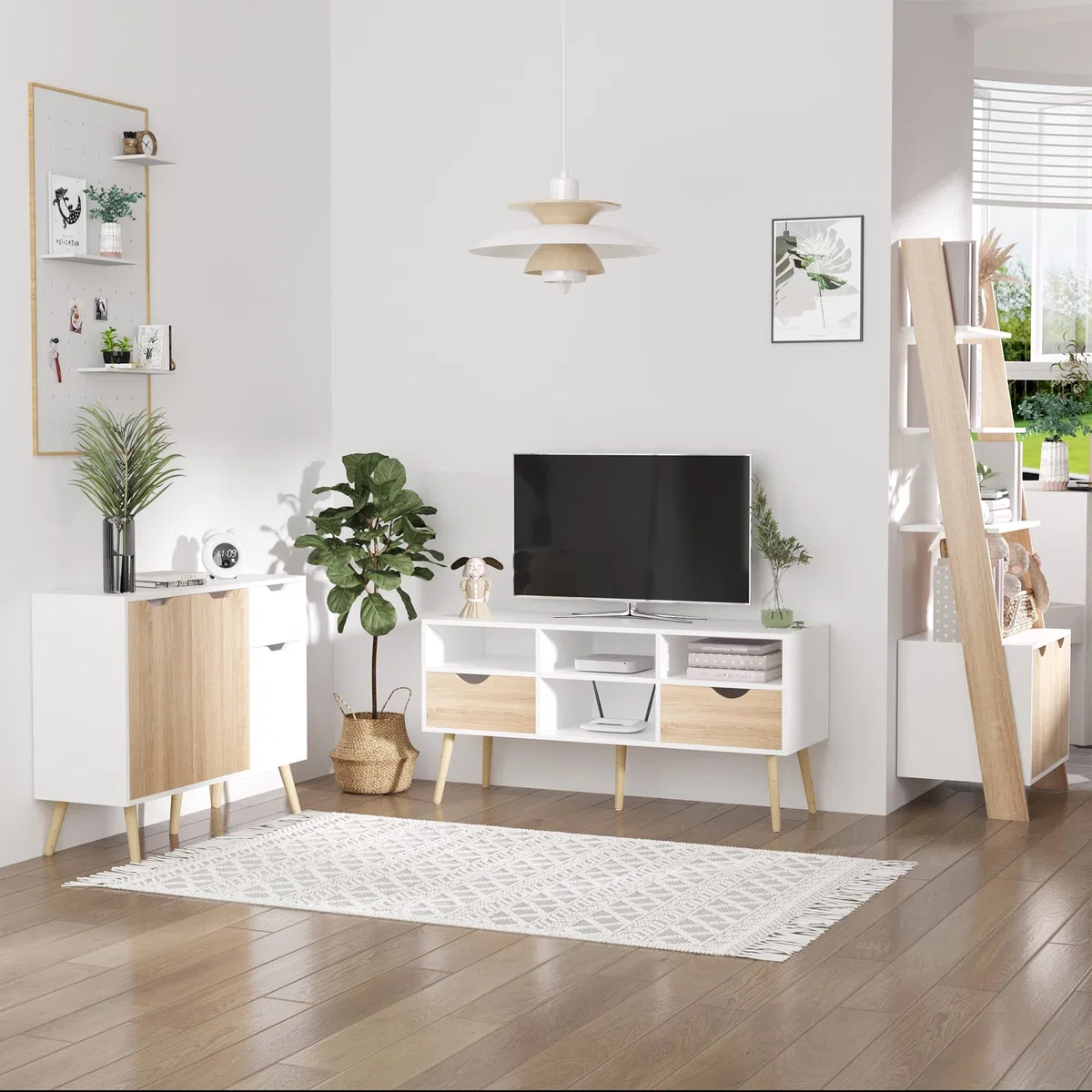 HOMCOM Mobiletto Multiuso con Cassetto e Armadietti, Credenza Stile Nordico in Legno per Camera, Soggiorno, Studio, 90x30x72 cm, Bianco e Color Legno