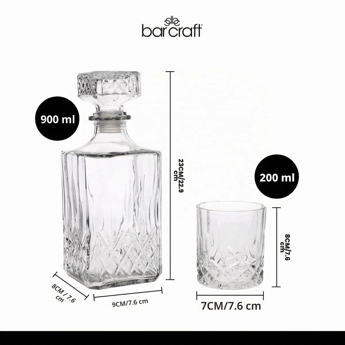 BarCraft Decanter per Whisky 900ml e set da Regalo, in Vetro Tagliato, 5 Pezzi, con Tappo in Silicone e 4x Bicchieri, 26 x 10 x 24cm