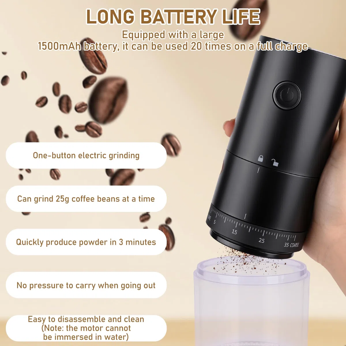 Macinacaffè Elettrico, Coffee Grinder Portatile con 38 Impostazioni Regolabili, Macina Caffè Granulometria Regolabile per semi e spezie, Adatto per Casa, Ufficio, Viaggi e Campeggio (Nero)