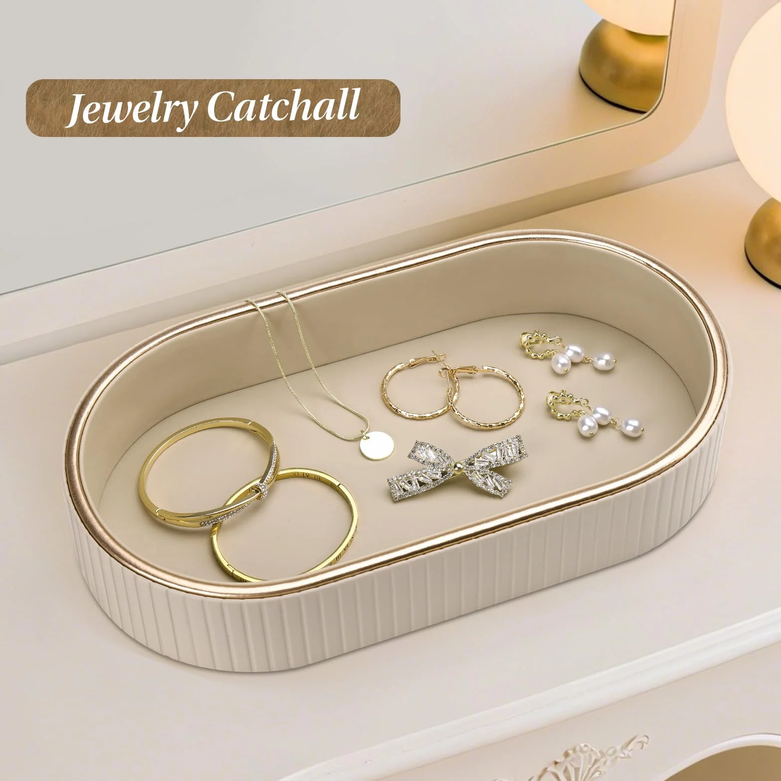 GORESE Vassoio da Bagno, Ovale Vassoio Decorativo in Pelle Vassoio Portaoggetti Vassoio per Profumi Svuotatasche Vassoio da Portata per Bagno,Cucina,Tavolo,Soggiorno,Camera da Letto(Beige)