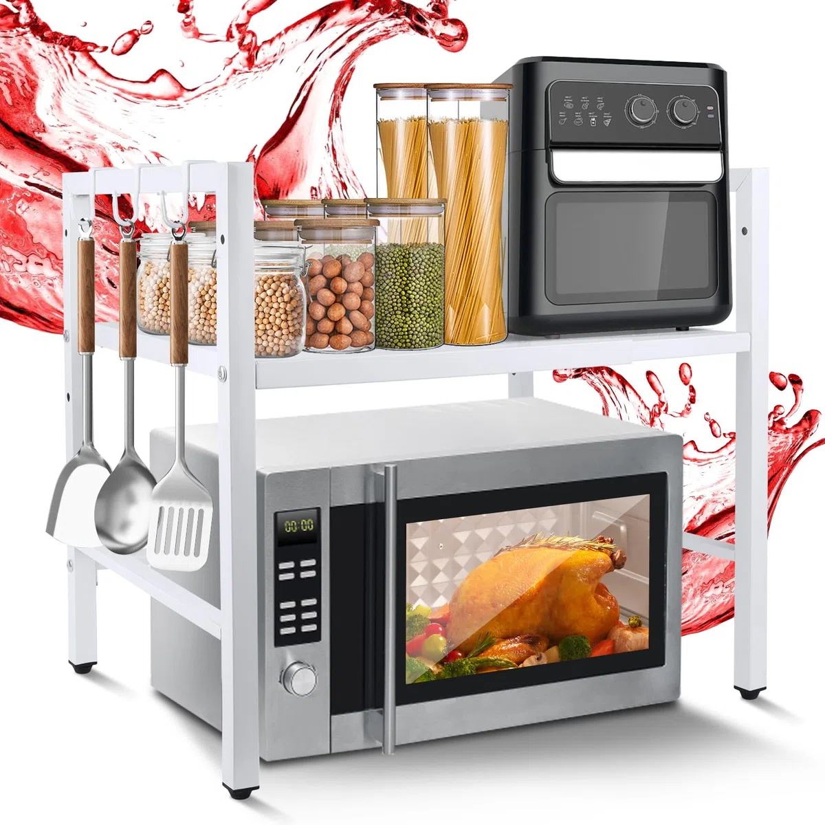 MXTIMWAN Ripiano Espandibile per Microonde, Mensola Microonde Estensibile, Supporto Estensibile per Forno a Microonde 2 Livelli, Supporto per Microonde con 6 Ganci, 40-64cm