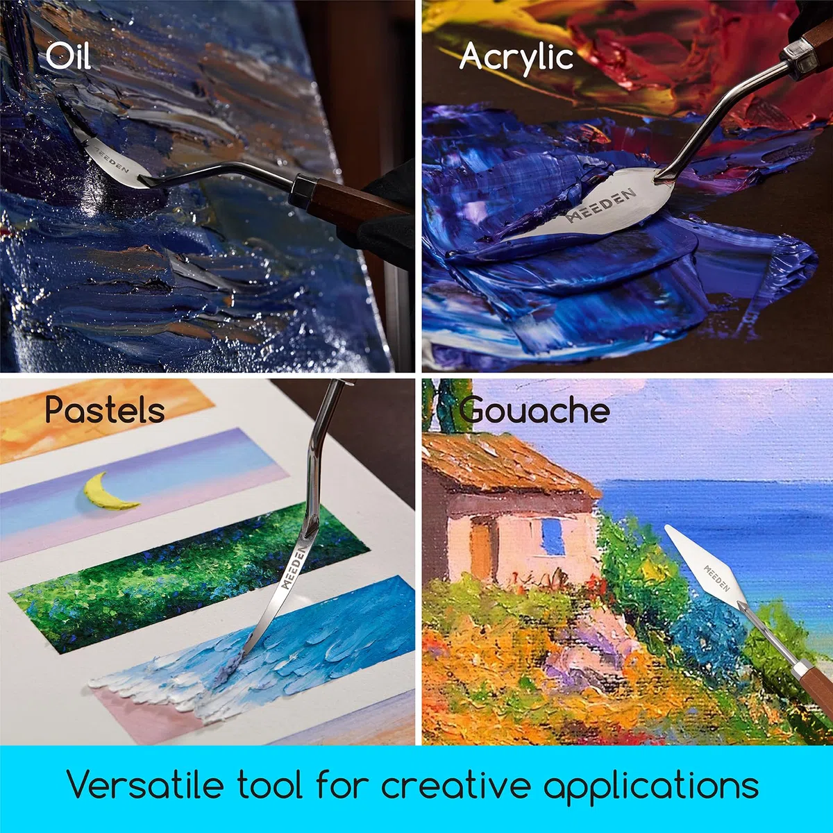 MEEDEN Set di 3 coltelli per tavolozze artistiche con manico in legno, lame in acciaio inox per olio, pittura su tela acrilica